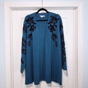 Chicos Cardigan Sweater Turquoise Teal Black Chenille Embroidery Size 3 (XL)